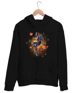 Astronot ve Gezegen Siyah Unisex Kapşonlu Sweatshirt