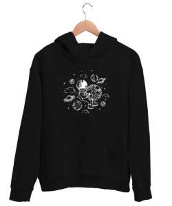 Astronot ve Gezegenler Siyah Unisex Kapşonlu Sweatshirt