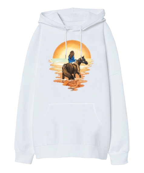 At Binen Kız - Günbatımı Beyaz Oversize Unisex Kapüşonlu Sweatshirt