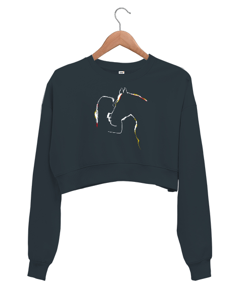 Tisho - At ve Kız - Horse Love Füme Kadın Crop Sweatshirt