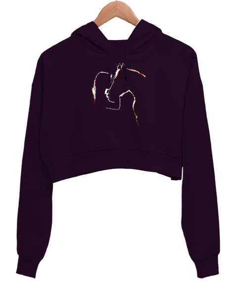 Tisho - At ve Kız - Horse Love Koyu Mor Kadın Crop Hoodie Kapüşonlu Sweatshirt