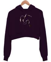 At ve Kız - Horse Love Koyu Mor Kadın Crop Hoodie Kapüşonlu Sweatshirt - Thumbnail