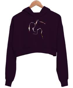 At ve Kız - Horse Love Koyu Mor Kadın Crop Hoodie Kapüşonlu Sweatshirt