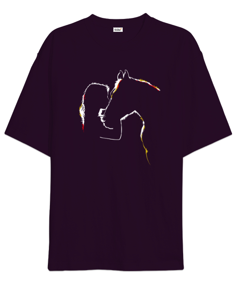 Tisho - At ve Kız - Horse Love Koyu Mor Oversize Unisex Tişört