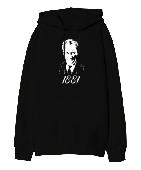 Tisho - Atatürk 1881 Baskılı Siyah Oversize Unisex Kapüşonlu Sweatshirt