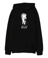 Atatürk 1881 Baskılı Siyah Oversize Unisex Kapüşonlu Sweatshirt - Thumbnail