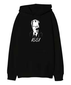 Atatürk 1881 Baskılı Siyah Oversize Unisex Kapüşonlu Sweatshirt