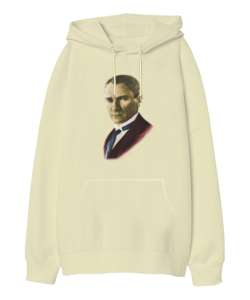 Atatürk baskılı Krem Oversize Unisex Kapüşonlu Sweatshirt