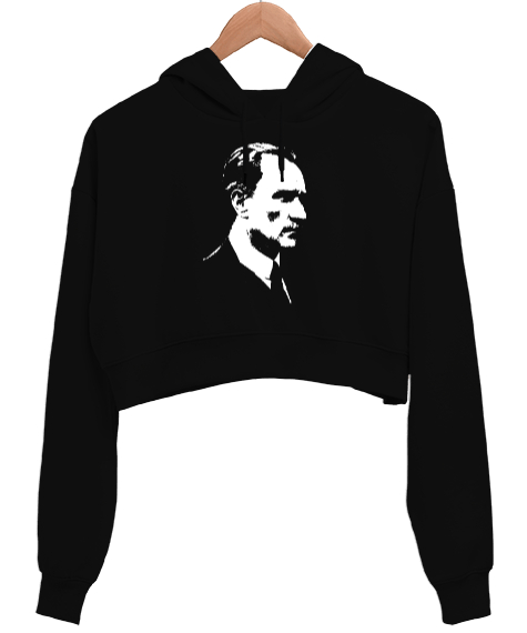 Tisho - Atatürk Baskılı Siyah Kadın Crop Hoodie Kapüşonlu Sweatshirt