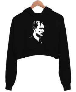 Atatürk Baskılı Siyah Kadın Crop Hoodie Kapüşonlu Sweatshirt