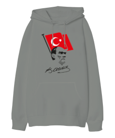 Atatürk, Bayrak ve İmzası Oversize Unisex Kapüşonlu Sweatshirt