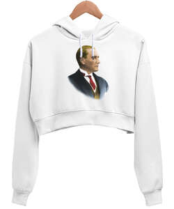 Atatürk Beyaz Kadın Crop Hoodie Kapüşonlu Sweatshirt