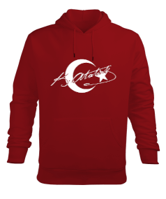 Atatürk imzalı Ay Yıldız Baskılı Kırmızı Erkek Kapüşonlu Hoodie Sweatshirt