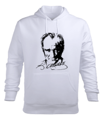 Atatürk imzalı Beyaz Erkek Kapüşonlu Hoodie Sweatshirt