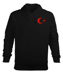 Atatürk ve ay yıldız baskılı Siyah Erkek Kapüşonlu Hoodie Sweatshirt