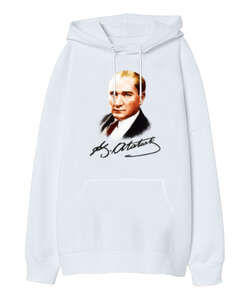 Atatürk ve İmzası Blu V1 Beyaz Oversize Unisex Kapüşonlu Sweatshirt