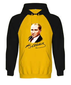 Atatürk ve İmzası Blu V1 Sarı/Siyah Orjinal Reglan Hoodie Unisex Sweatshirt