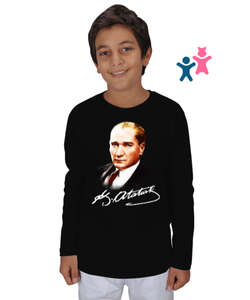 Atatürk ve İmzası Blu V1 Siyah Çocuk Unisex Uzunkollu