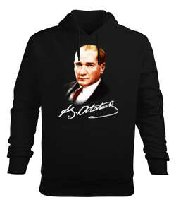 Atatürk ve İmzası Blu V1 Siyah Erkek Kapüşonlu Hoodie Sweatshirt