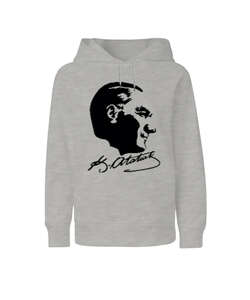 Atatürk ve İmzası Blu V2 Gri Çocuk Unisex Hoodie Kapüşonlu