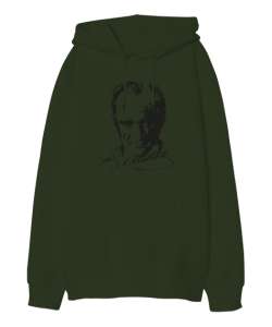 Atatürk,Türkiye. Haki Yeşili Oversize Unisex Kapüşonlu Sweatshirt