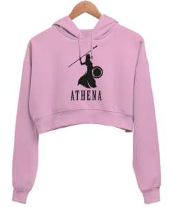 Athena - Mitolojik Savaşçı Pembe Kadın Crop Hoodie Kapüşonlu Sweatshirt