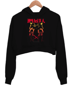 Attack on Titan Levi Eren Gradient Siyah Kadın Crop Hoodie Kapüşonlu Sweatshirt