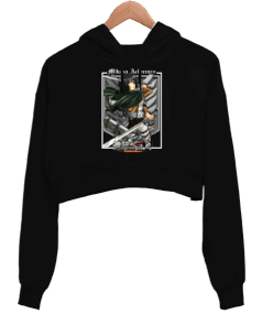 Attack on Titan Mikasa Ackerman Wings of Freedom Siyah Kadın Crop Hoodie Kapüşonlu Sweatshirt