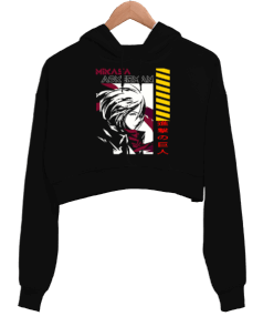 Attack On Titan Mikasa Siyah Kadın Crop Hoodie Kapüşonlu Sweatshirt