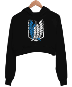 Attack On Titan Wings of Freedom Siyah Kadın Crop Hoodie Kapüşonlu Sweatshirt