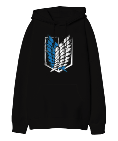 Attack On Titan Wings of Freedom Siyah Oversize Unisex Kapüşonlu Sweatshirt