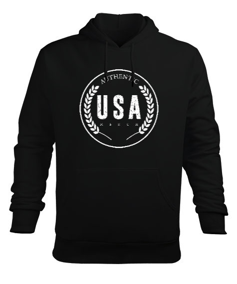 Authentic USA Merch Baskılı Siyah Erkek Kapüşonlu Hoodie Sweatshirt