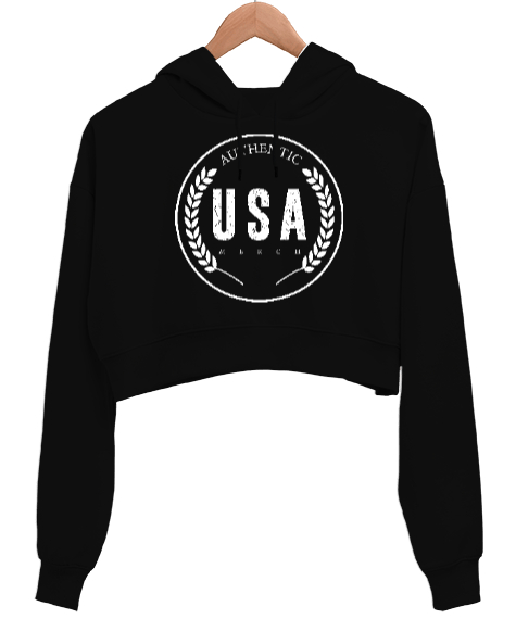 Authentic USA Merch Baskılı Siyah Kadın Crop Hoodie Kapüşonlu Sweatshirt