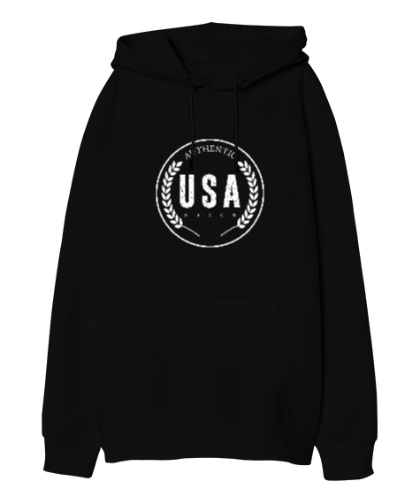 Authentic USA Merch Baskılı Siyah Oversize Unisex Kapüşonlu Sweatshirt