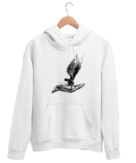 Tisho - Avuç İçindeki Melek - Kara Kalem Çizim Beyaz Unisex Kapşonlu Sweatshirt