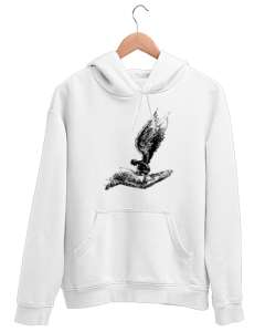 Avuç İçindeki Melek - Kara Kalem Çizim Beyaz Unisex Kapşonlu Sweatshirt