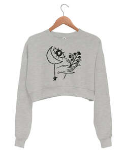 Ay Göz Çiçek Soyut Çizim Gri Kadın Crop Sweatshirt