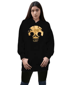 Ay Işığında Buluşma -Skull- Temalı Kadın Uzun Hoodie Kapüşonlu Sweatshirt