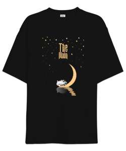 Ay Işığında Uyuyan Kedi - Moonlight Sleeping Cat Siyah Oversize Unisex Tişört