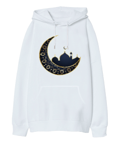 Ay ve Camii Desenli İslami Tasarım Baskılı Oversize Unisex Kapüşonlu Sweatshirt