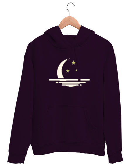 Tisho - Ay Yansıma ve Yıldızlar - Moon Koyu Mor Unisex Kapşonlu Sweatshirt