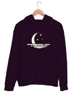 Ay Yansıma ve Yıldızlar - Moon Koyu Mor Unisex Kapşonlu Sweatshirt