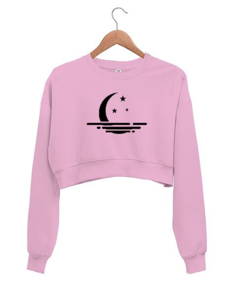 Tisho - Ay Yansıma ve Yıldızlar - Moon Pembe Kadın Crop Sweatshirt