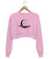 Ay Yansıma ve Yıldızlar - Moon Pembe Kadın Crop Sweatshirt - Thumbnail