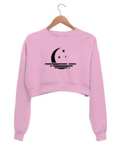 Ay Yansıma ve Yıldızlar - Moon Pembe Kadın Crop Sweatshirt