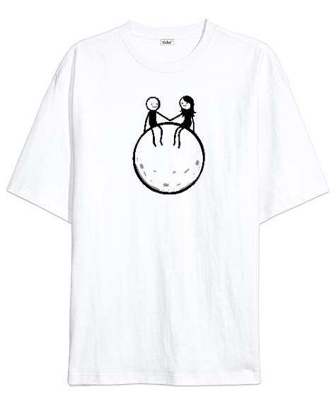 Tisho - Ay yüzeyinde aşk | stickman serisi Beyaz Oversize Unisex Tişört