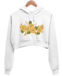 Ayçiçeği desenli Beyaz Kadın Crop Hoodie Kapüşonlu Sweatshirt