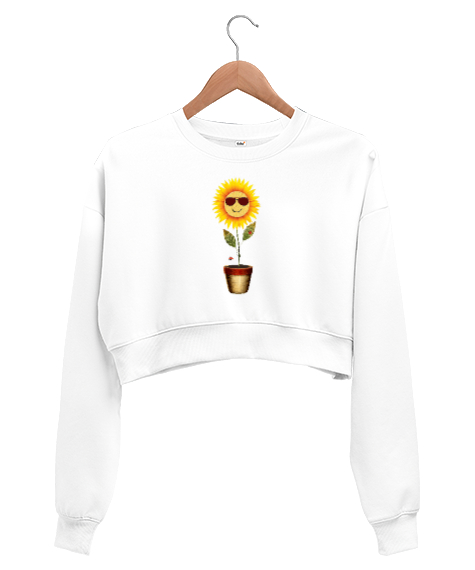 Tisho - Ayçiçeği ve Uğur Böcekleri - Sun Flower - Ladybug Beyaz Kadın Crop Sweatshirt