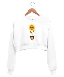 Ayçiçeği ve Uğur Böcekleri - Sun Flower - Ladybug Beyaz Kadın Crop Sweatshirt