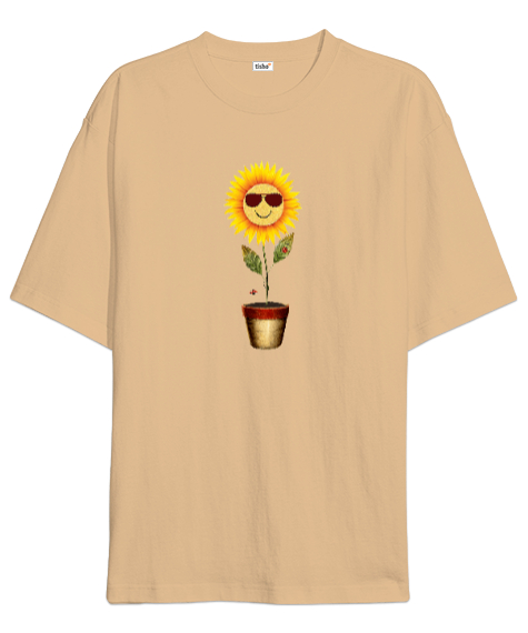 Tisho - Ayçiçeği ve Uğur Böcekleri - Sun Flower - Ladybug Camel Oversize Unisex Tişört